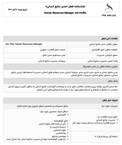 نمونه شناسنامه شغل مدیر منابع انسانی